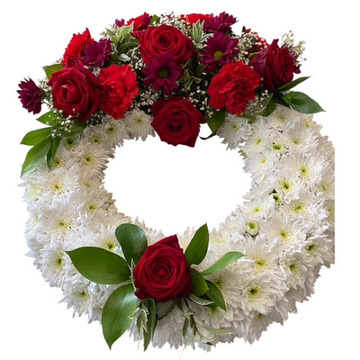 White wreath with red