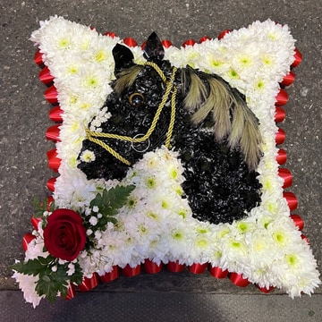 Horses head on cushion funeral tribute