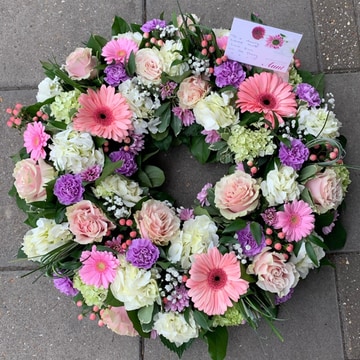 Pink and white rose and gerbera wreath