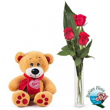 3 red roses and a teddy