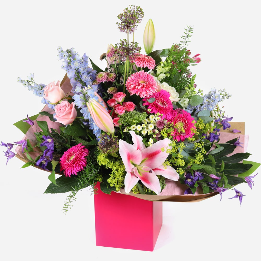 Grand affection bouquet of luxurious seasonal flowers in pink and purple tones grand affection bouquet of luxurious seasonal flowers in pink and purple tones