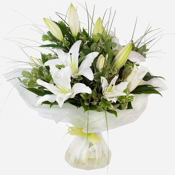 Forever yours hand tied bouquet with white oriental lilies and foliage