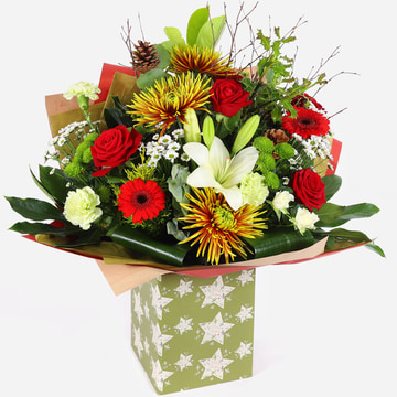 Festive grandeur luxurious christmas bouquet in seasonal gift box