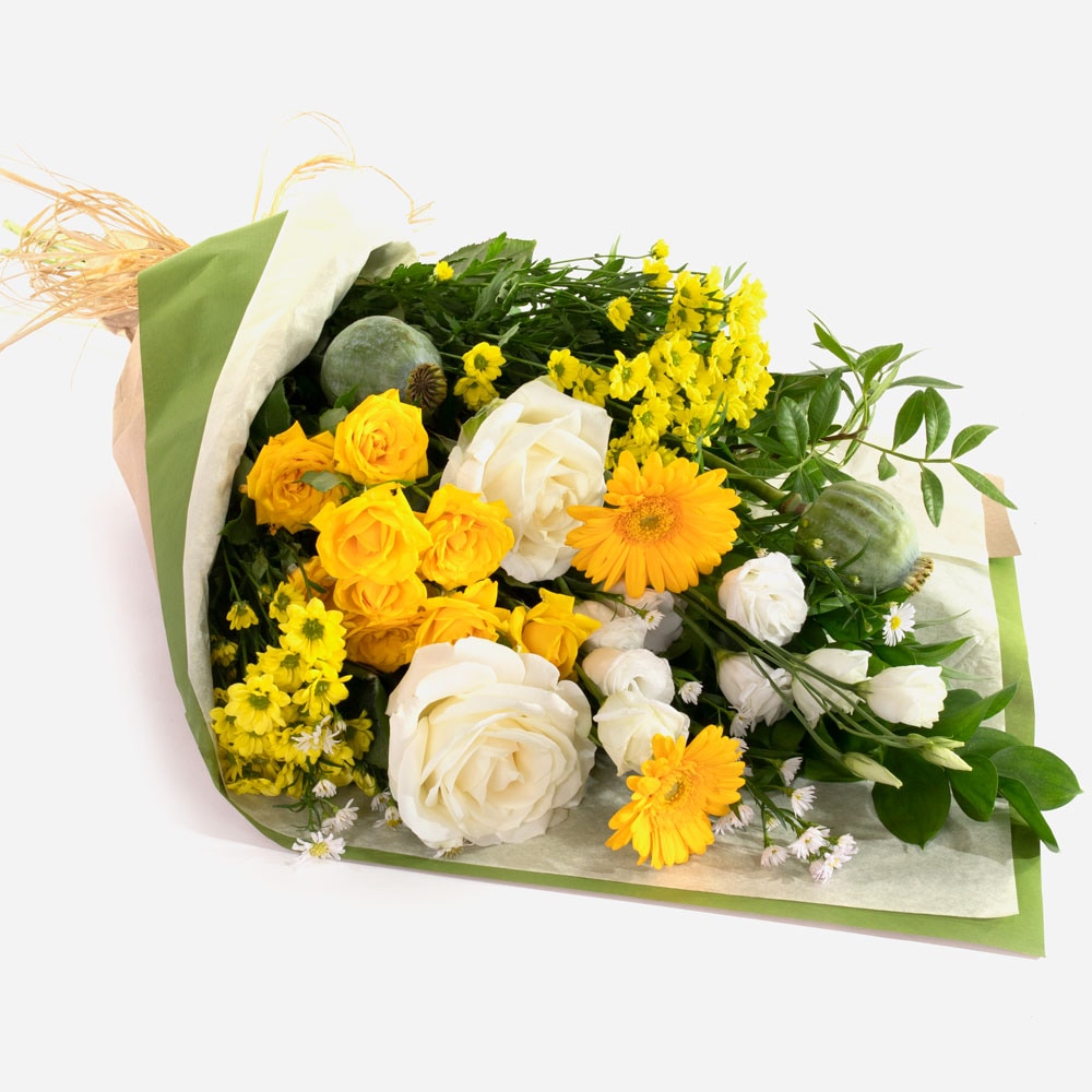 lemon-lime-hand-tied-bouquet-in-yellow-and-white-paper-wrap-1