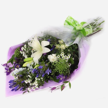 Moonlit whisper bouquet with white and purple blooms in lavender wrap
