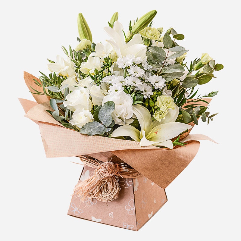 Evelyn white and cream hand tied bouquet in gift bag