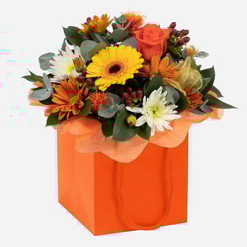 Wild autumn arrangement with roses gerberas and seasonal flowers in orange gift bag wild autumn arrangement with roses gerberas and seasonal flowers in orange gift bag wild autumn arrangement with roses gerberas and seasonal flowers in orange gift bag
