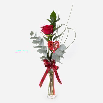 A little treasure single red rose in a glass vase with heart pick and red bow