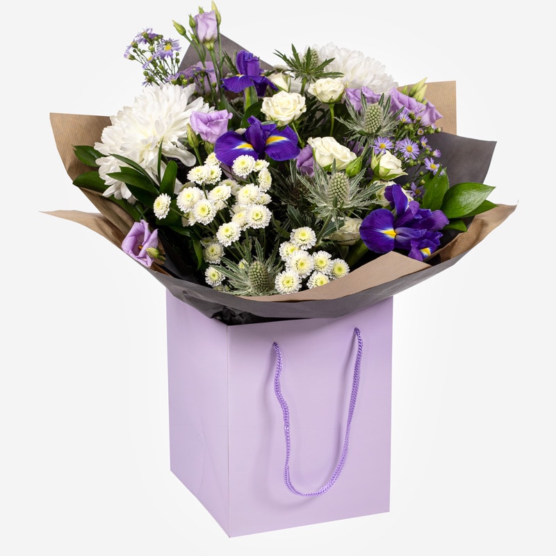 violet-hand-tied-bouquet-with-purple-and-white-flowers-in-a-gift-bag-1