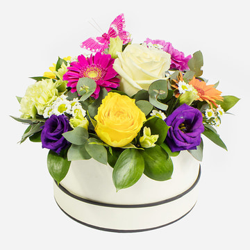 Simply the best bright multicoloured hat box with roses gerberas and carnations