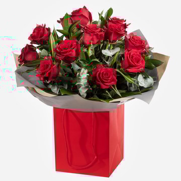 For my sweetheart luxury red rose bouquet in red gift bag with foliage