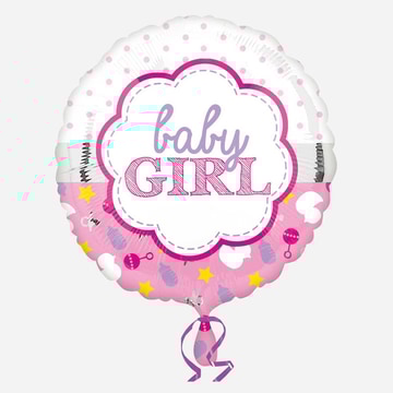 Pink and white baby girl balloon with hearts butterflies and baby themed icons