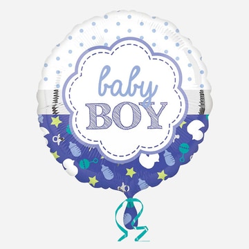 Blue and white baby boy balloon with stars and baby themed icons