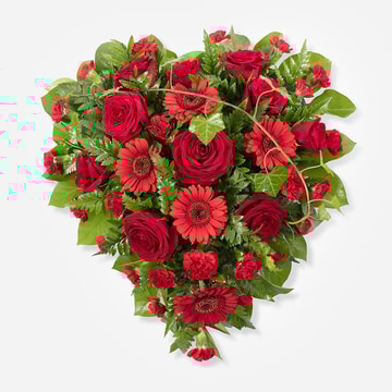 Heart shaped funeral tribute with red roses germini and green foliage