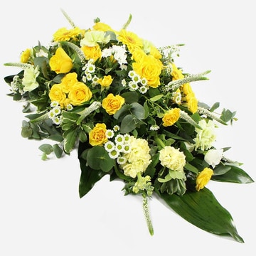 Yellow and white single ended funeral spray with roses carnations and chrysanthemums