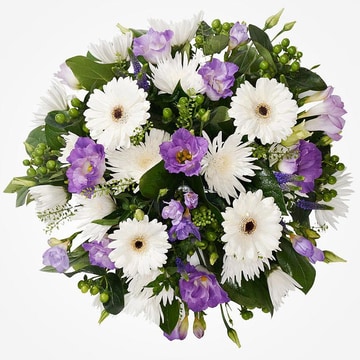Posy sym 345lilac and white funeral posy with gerbera chrysanthemums and foliage