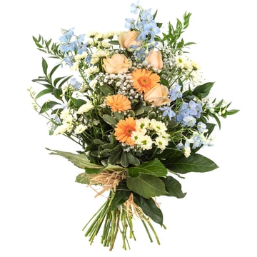 Country style tied sheaf with peach roses blue delphinium and ivory blooms finished with raffia bow
