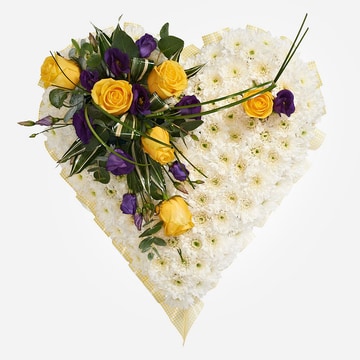 White massed heart tribute with yellow roses and purple spray flowers finished with lemon ribbon