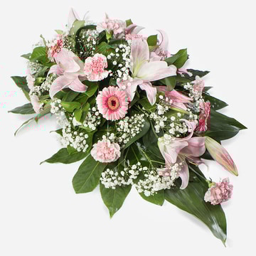 Pink single ended spray featuring pink poses oriental lilies on a grey background