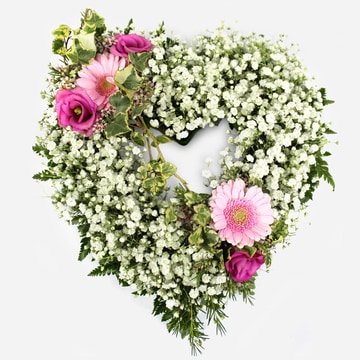 Heart shaped tribute of gypsophila with pink blooms