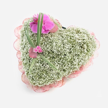 Petite heart tribute with gypsophila and pink orchids