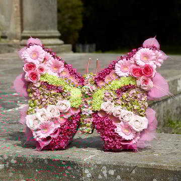 Butterfly tribute with pink roses and green chrysanthemums