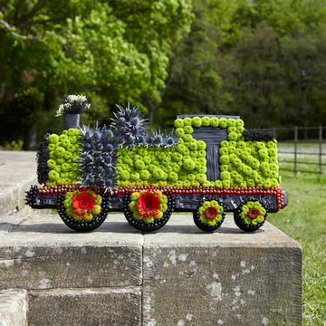 Train tribute with green chrysanthemums and red germini
