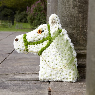 Horse head tribute with white chrysanthemums and green details