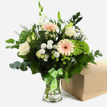 Coastal breeze-pastel roses and gerberas in a vase with a ribbon pastel roses and gerberas in a vase with a ribbon 2