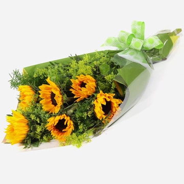Flat wrapped sunflower bouquet with foliage and green ribbon bow