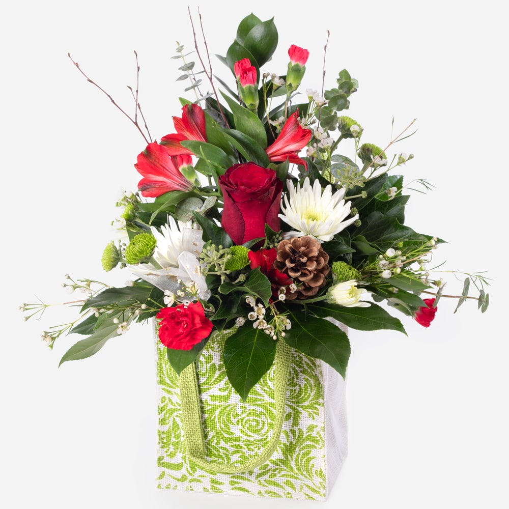 Festive christmas arrangement presented in a patterned gift bag festive christmas arrangement presented in a patterned gift bag festive christmas arrangement presented in a patterned gift bag