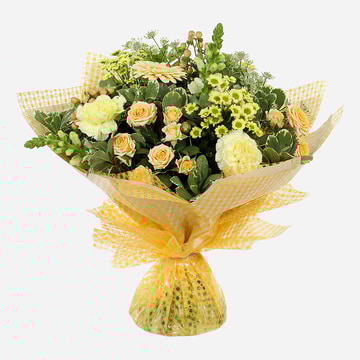Sunrise-yellow and peach hand-tied bouquet with gerberas and seasonal blooms tied bouquet with gerberas and seasonal blooms tied bouquet with gerberas and seasonal blooms tied bouquet with gerberas and seasonal blooms tied bouquet with gerberas and season