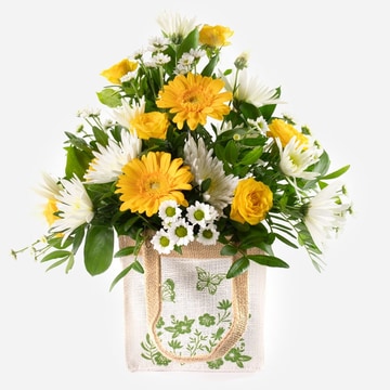 Lemon drops-jute bag of yellow and white flowers-gerberas chrysanthemums fresh foliage gerberas chrysanthemums fresh foliage gerberas chrysanthemums fresh foliage gerberas chrysanthemums fresh foliage gerberas chrysanthemums fresh foliage gerberas chrysan